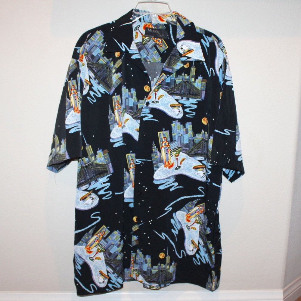 VTG Million Guy button front shirt men's Large black cocktails martini skyline